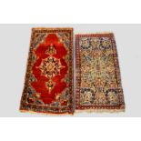 Seven assorted small rugs including Ersari Turkmen, Kerman, Hamadan, Kayserie silk and a black,