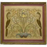Two embroideries, the first a woven silk and metal thread panel depicting interlaced flowers and