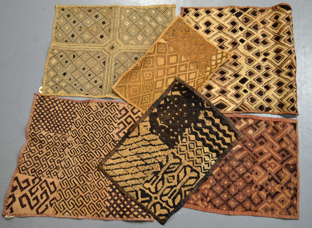 Six African Kuba raffia-work cloths, central Congo, early 20th century, five of mixed technique, one