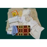 Collection of table linen including yellow linen cloth with matching crochet border, 34in. 94cm.