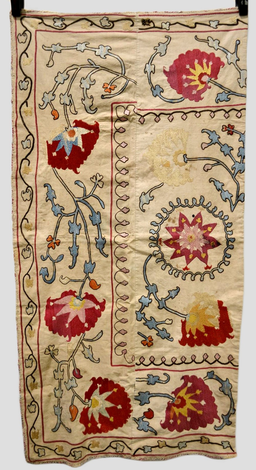 Bokhara suzani fragment, emb­roidered principally in silk and wool basma stitch, mid-19th century,