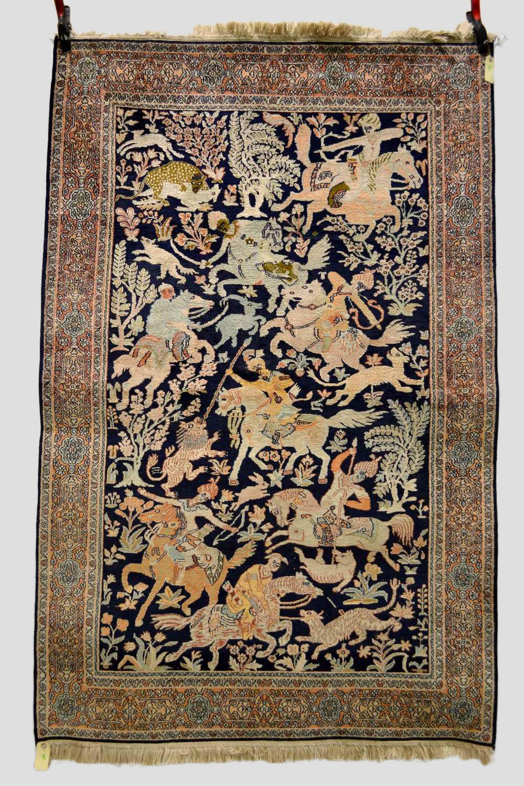 Kashmiri silk pile ‘hunting’ rug, north India, mid-20th century, 6ft. 4in. x 4ft. 1.93m. x 1.22m.