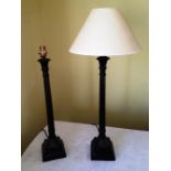 A pair of bronze effect cast metal table lamps, with shell effect square bases. 20in (75cm).