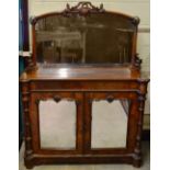 A Victorian figured walnut and burr walnut veneered chiffonier, the raised mirror back frame with
