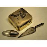 A square silver Edwardian pill box, a late Victorian silver trowel book marker, the handle inset a