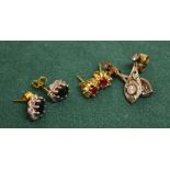 Three pairs of earrings, including pair diamond set drop ruby and diamond cluster shrubs, sapphire
