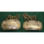 A pair of George IV silver labels for Port and Sherry, with chains. Makers Charles Rawlings,