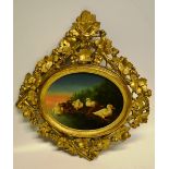 A nineteenth century oval oil painting on board, of ducks, in a gilt carved wood frame of sprigs