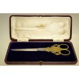 A pair of Edwardian engraved silver gilt and stainless steel ceremonial scissors, by Walker &