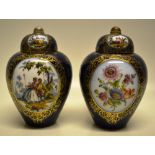 A pair of late nineteenth century Berlin porcelain jars and covers, painted panels of flowers and