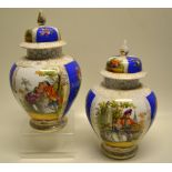 A pair of Dresden porcelain lidded vases, painted romantic scenes of courting couples and