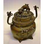 A late nineteenth century Chinese bronze koro decorated figures and a large jar to the panelled