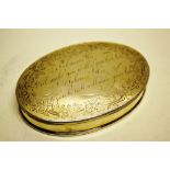A George III Chester silver oval tobacco box, the cover engraved with an anomily about tobacco, a