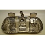 A fine Victorian silver inkstand, the oblong dish base engraved Chinese pheasants and foliage,