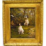 A.W. (Alfred Wheeler). An oil painting on board, two jack russels keeping a stoat at bay on the