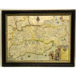 A Saxton coloured map of the South East of England  in 1575, framed and glazed. 16in (40.5cm) x 21.
