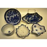 An eighteenth century Caughly blue and white oval spoon tray, fisherman pattern, (cracked and