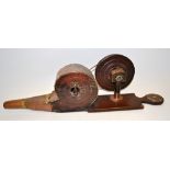 An antique ash mechanical bellows with copper mounts and spout. 24in (6in).