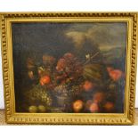 Dutch School, an eighteenth century oil painting on canvas, still life of a delft bowl of fruit in