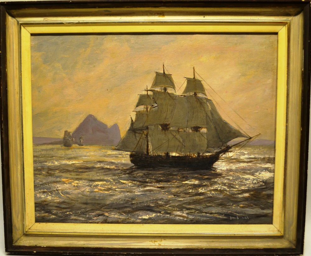 David Cobb. An oil painting on canvas, oil on canvas laid on board, schooner in full sail and