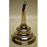 A George III silver wine funnel, the ogee strainer bowl with a side clip, a detachable spout.