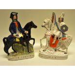 A Victorian Staffordshire porcelain equestrian figure of War, the horseman holding a shield and