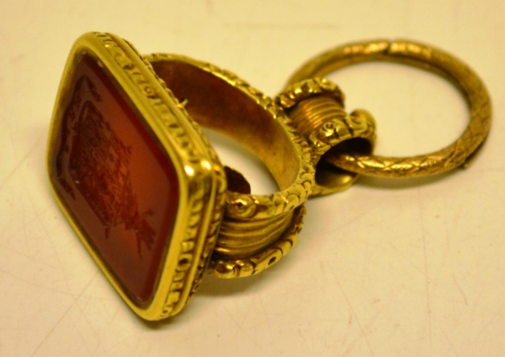 A Regency gold seal the cornelian matrix with the intaglio coat of arms and motto of the Dalrymple