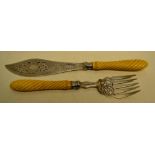 A pair of Victorian silver bladed fish servers, pierced and engraved, having rope twist ivory