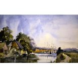 Liz Deakin, a watercolour, boats moored on a river Estuary with a boat shed in the foreground.