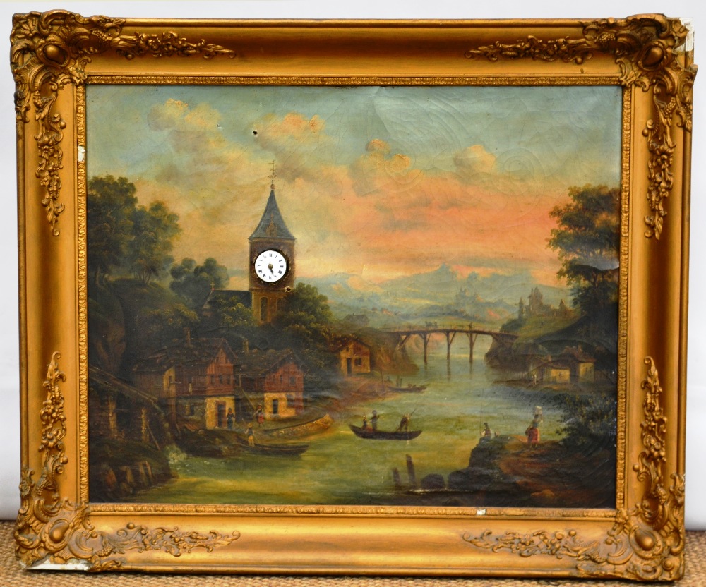 A mid nineteenth century, continental clock picture, oil on canvas view of a bridge over a river