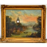 A mid nineteenth century, continental clock picture, oil on canvas view of a bridge over a river