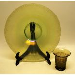 A large green twisted Loetz art glass hat vase or rosebowl with a textured rim. 17.75in (45cm)