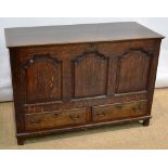 An eighteenth century Lancashire oak mule chest, fruitwood banded, the rising hinged top above