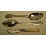 A pair of William IV silver fiddle pattern table spoons, engraved initials, C.M.R. Maker Richard