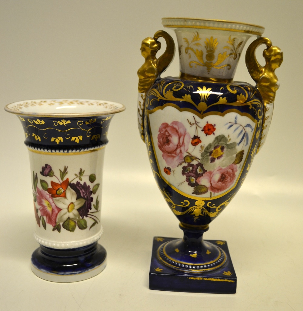A Chamberlains Worcester vase, the royal blue ground with gilt decoration and panels of coloured
