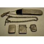An Edwardian spectacles case with belt attachment, the silver front with an engraved border and