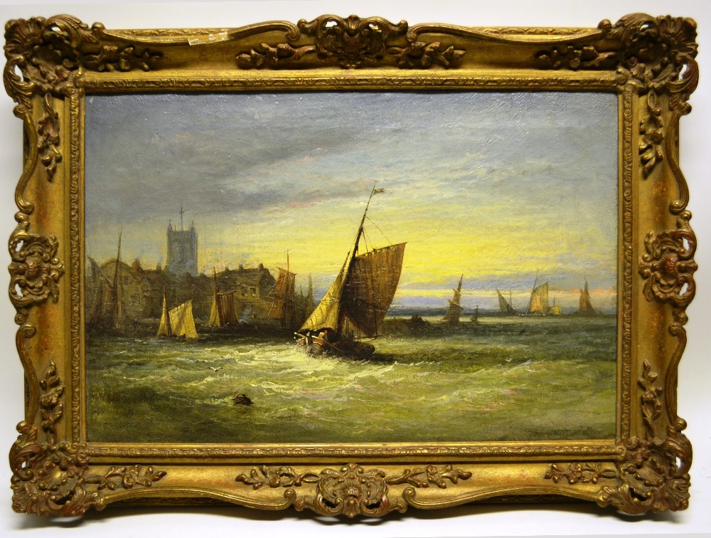 A nineteenth century oil painting on canvas, fishing boats off Harwich harbour. 14in (35.5cm) x 20.