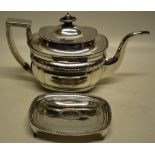 A George III silver rectangular teapot and matching stand, with engraved bands and with vacant and