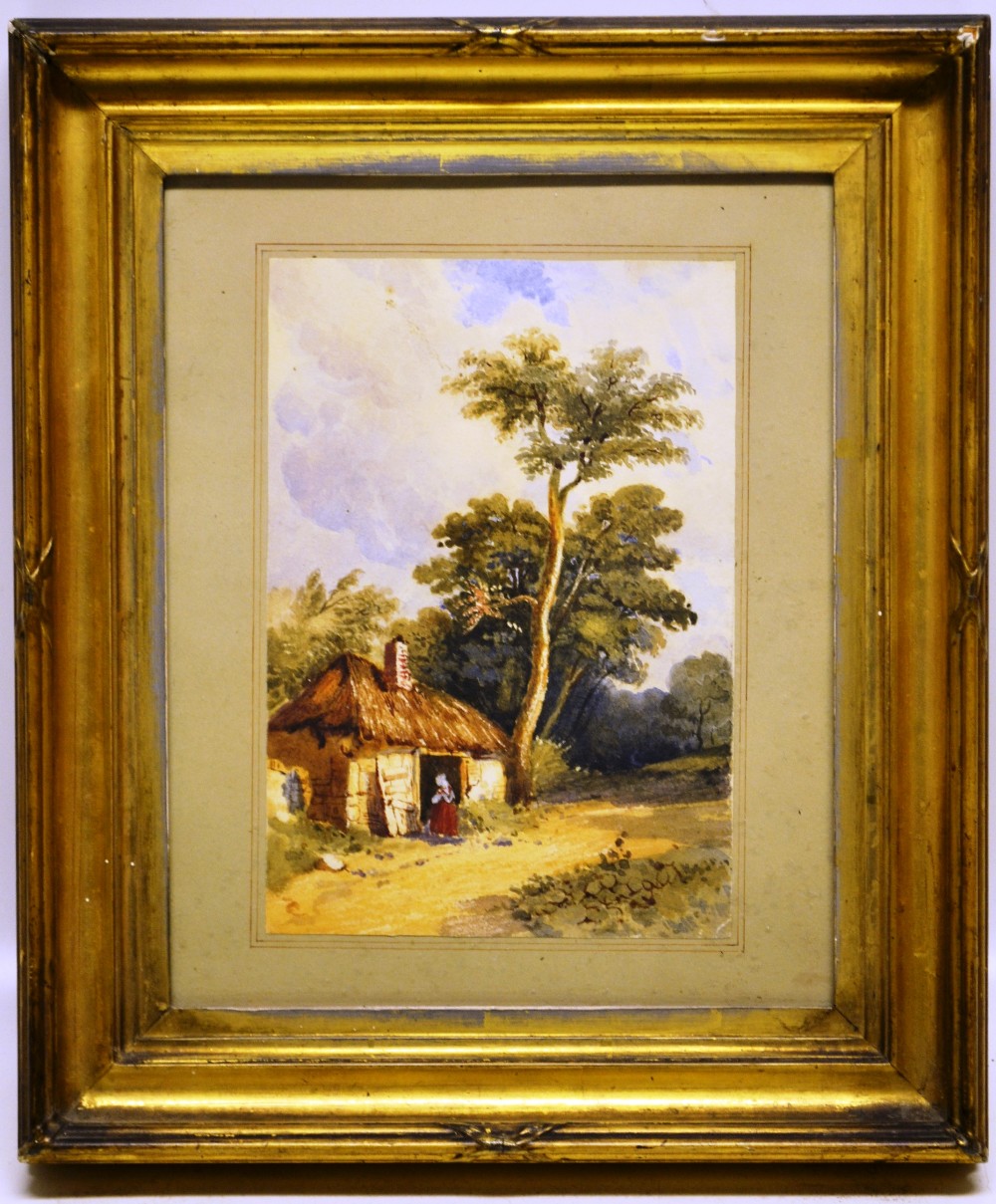 A nineteenth century watercolour, a woman entering a wayside hovel. 6in (15cm) x 9in (23cm). Gilt