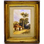 A nineteenth century watercolour, a woman entering a wayside hovel. 6in (15cm) x 9in (23cm). Gilt