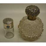 A late Victorian hobnail cut glass scent bottle with repouse silver hinged cover, engraved initials,