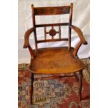 An early nineteenth century Thames Valley square back yew elbow chair, with a turned framed