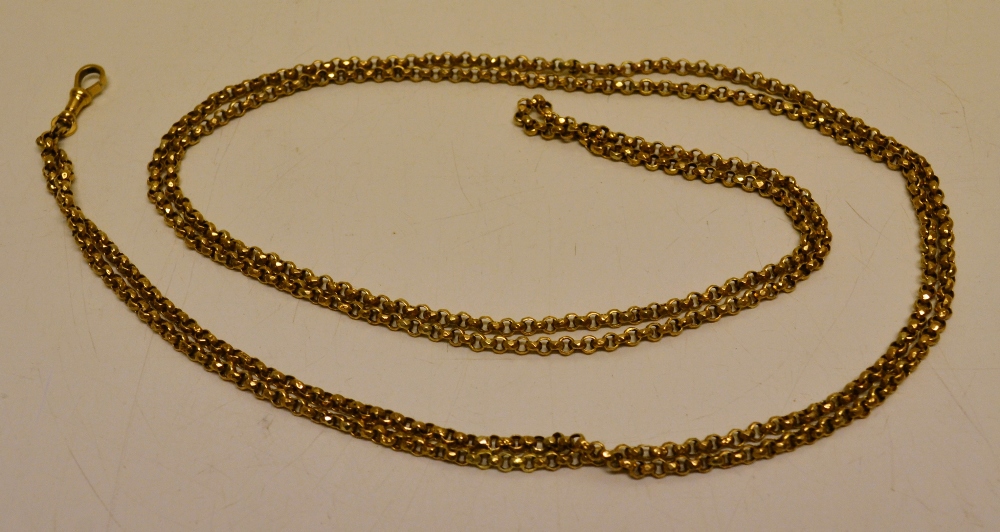 A Victorian gold muff chain, bachelor style facetted, stamped JM9C, approx 23gm. 4ft 10in (148cm) (
