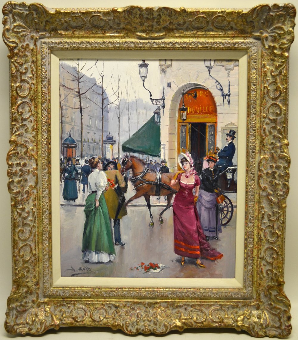 Juan Soler, an attractive modern signed oil painting, on canvas of a Parisian street scene of the