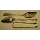 A pair of George III silver Old English pattern table spoons, engraved initials Maker Richard