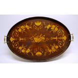 A late nineteenth century mahogany oval galleried tray, inlaid floral marquetry, fitted two brass