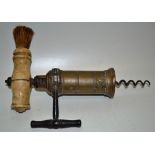 An early nineteenth century Kings screw brass barrel Kings screw corkscrew, with an iron racket
