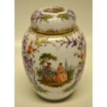 A German late nineteenth century, porcelain tea vase, decorated a courting couple seated in a