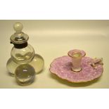 A Worcester pink porcelain chamberstick circa 1820 and an unusual glass a stack of balls inkwell