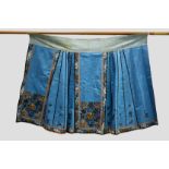 Attractive Chinese blue silk skirt, beautifully embroidered in black silk with flowers, bats,